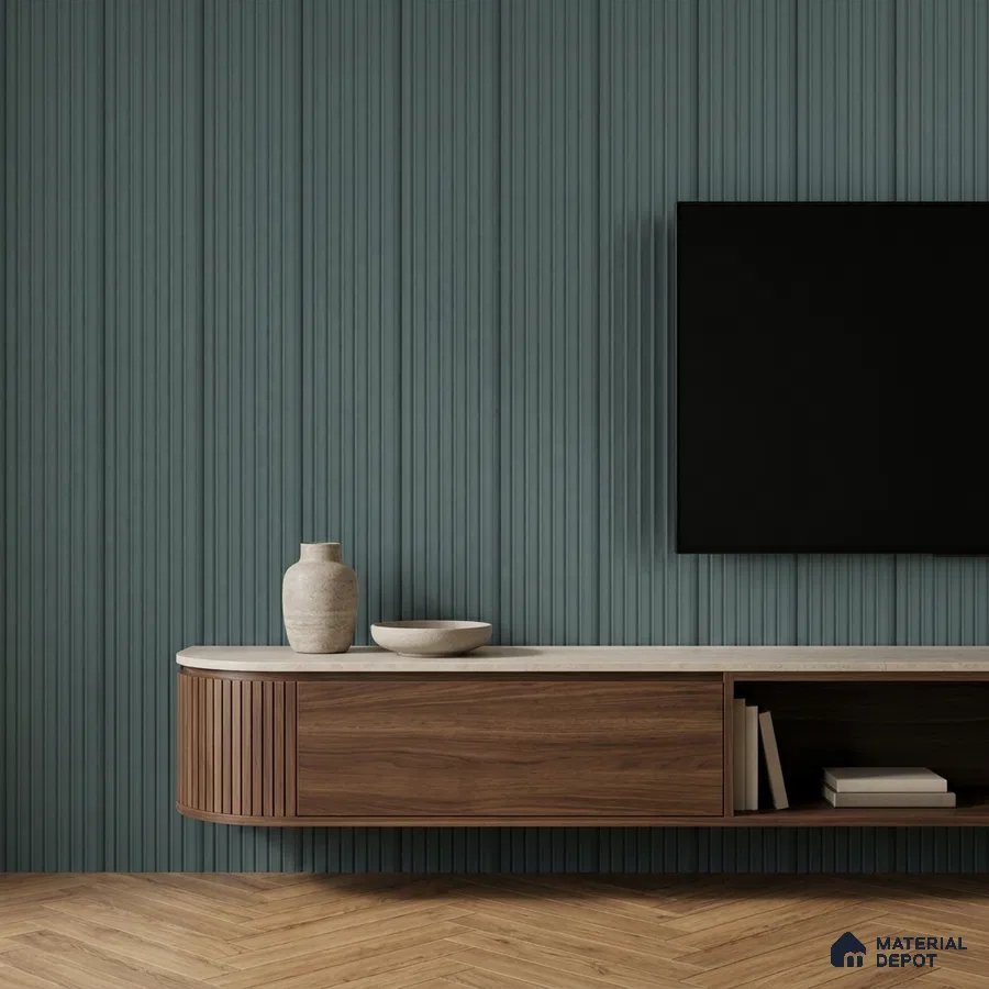 Minimalist TV unit with walnut wood laminate, blue fluted wall panels, and herringbone wooden flooring