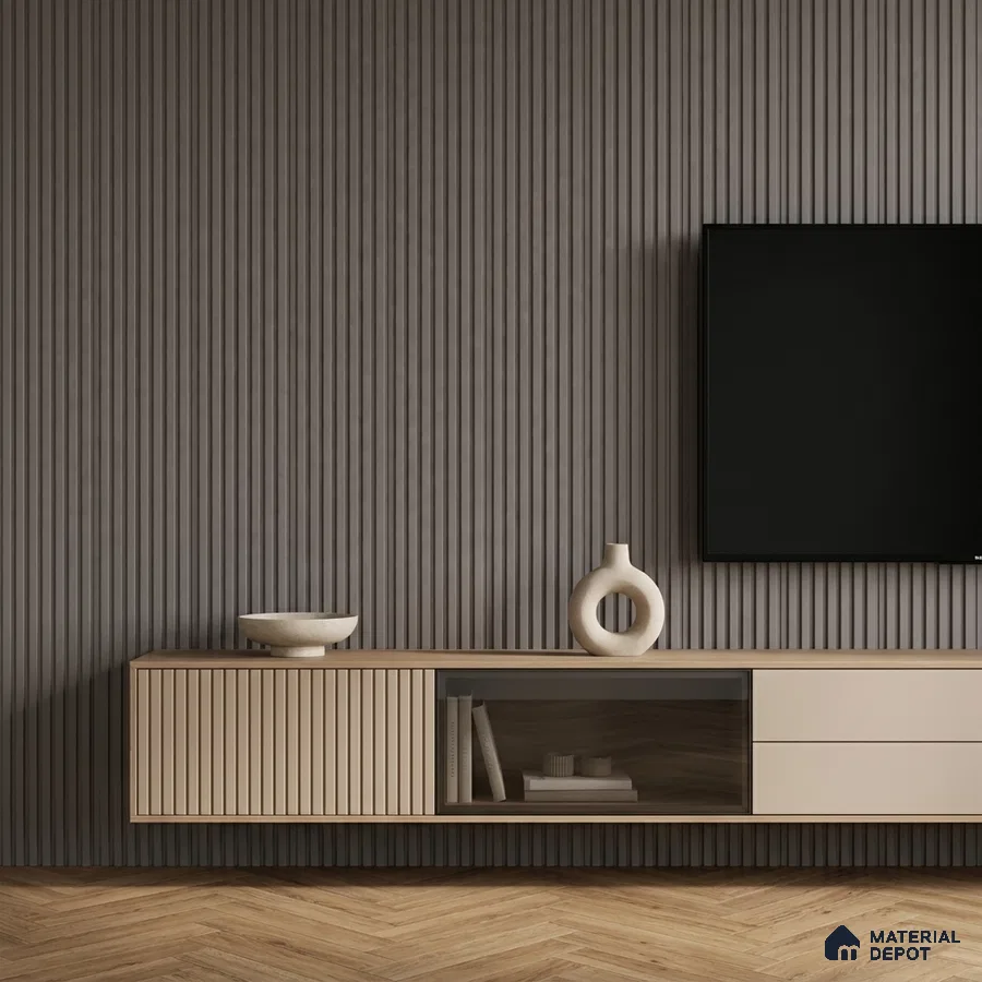 Minimalist TV unit with beige fluted laminate, taupe wall panels, and herringbone wood flooring