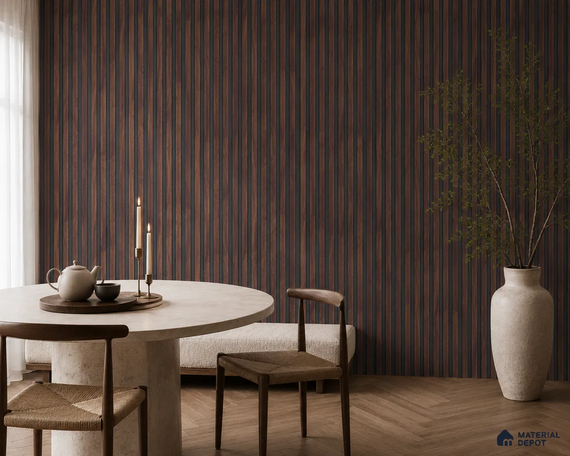 Japandi dining room with walnut wood fluted wall panels and beige stone dining table