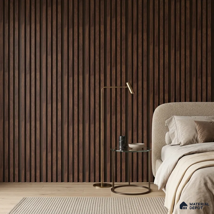 Japandi bedroom with walnut brown fluted wood wall panels and beige boucle upholstered bed