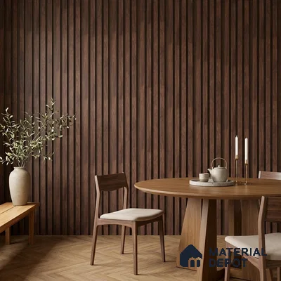 Japandi dining room with walnut wood fluted wall panels and herringbone wooden flooring