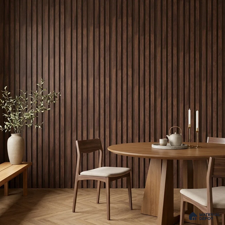 Japandi dining room with walnut wood fluted wall panels and herringbone wooden flooring