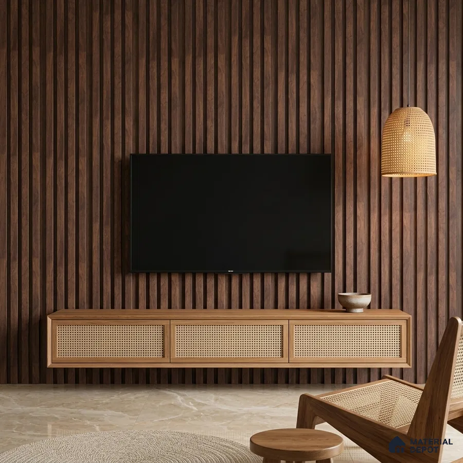 Japandi TV unit with walnut wood fluted wall panels and cane-front floating cabinet