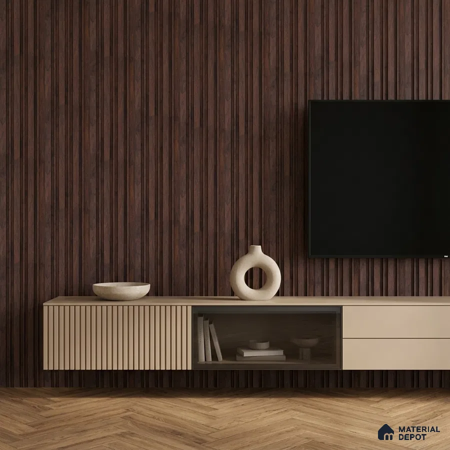 Modern TV unit with walnut brown fluted wall panels and beige matte laminate cabinet