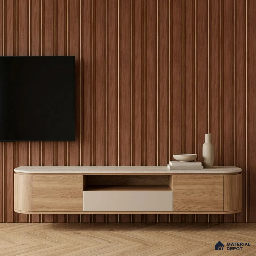 Minimalist TV unit with walnut wood fluted wall panels and light oak laminate cabinet