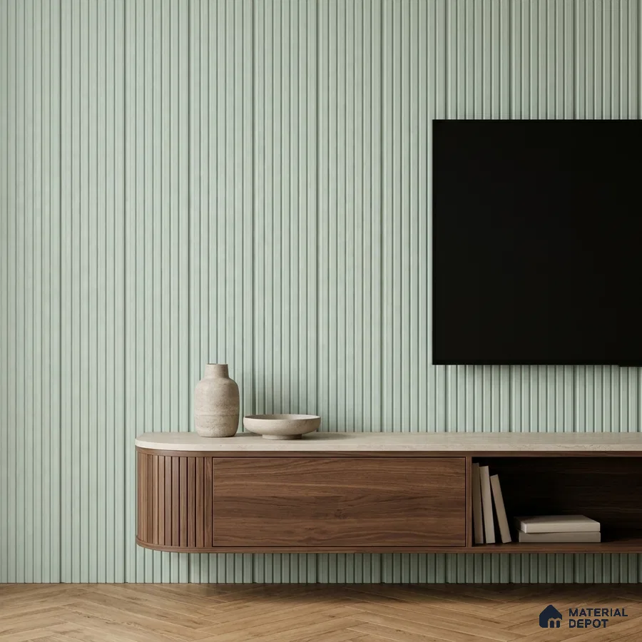 Minimalist TV unit with sage green fluted wall panels and walnut wood laminate cabinet