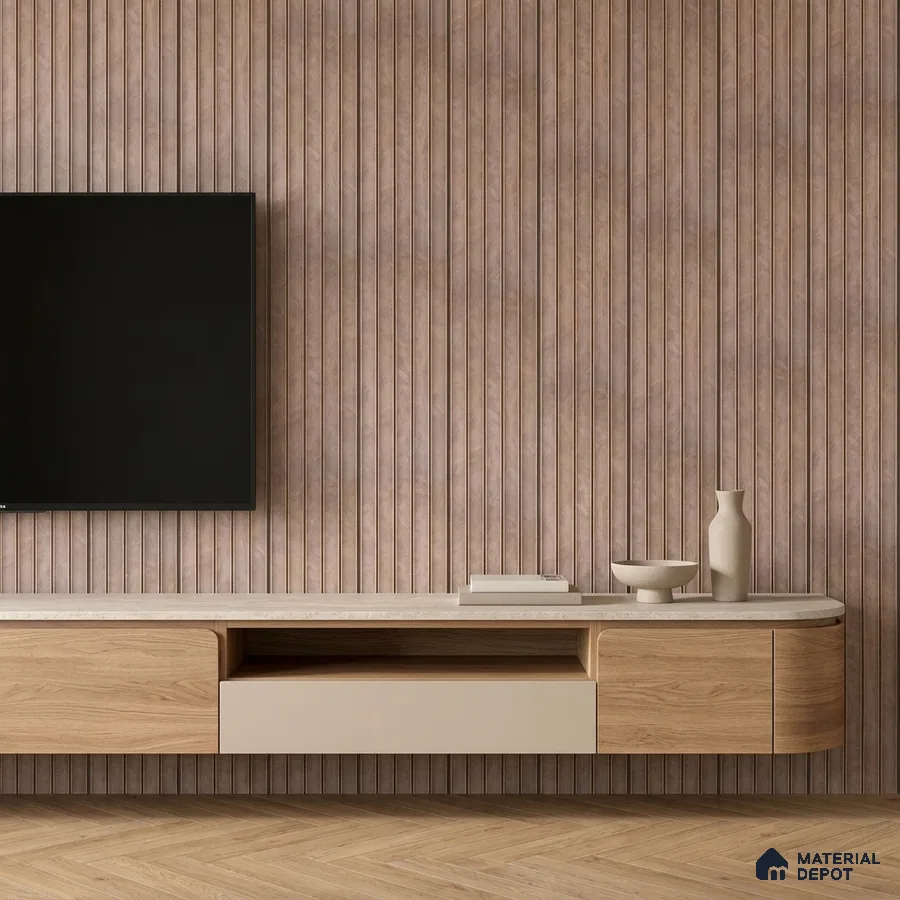 Minimalist TV unit with light oak wood laminate, beige solid laminate, and fluted wood wall panels