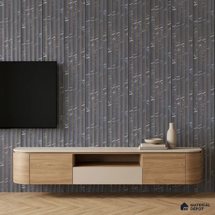 Modern TV unit with marble-look fluted wall panels and light oak laminate cabinet