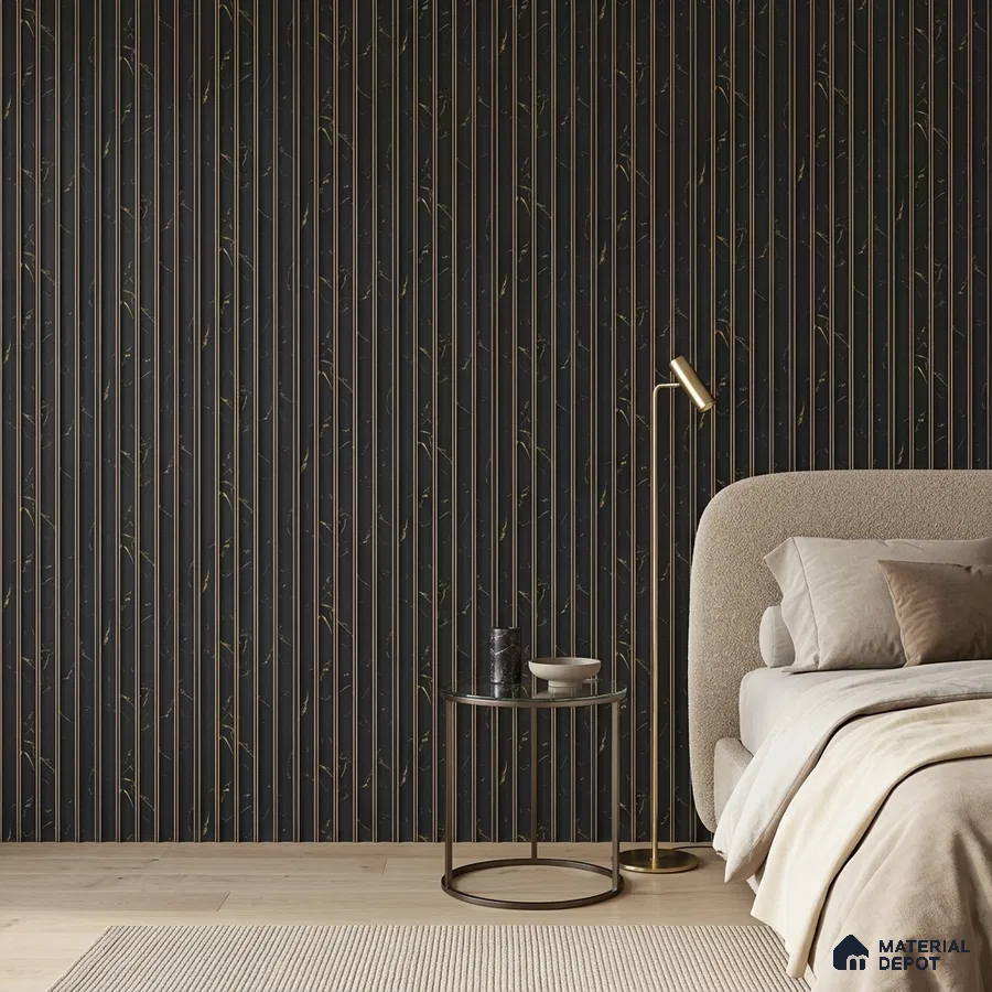 Modern bedroom with black marble-look fluted wall panels and beige upholstered bed