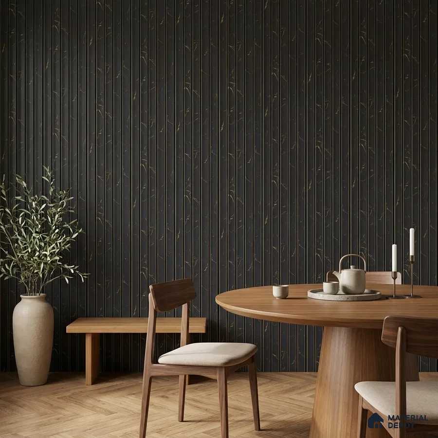 Japandi dining room with black fluted wall panels and natural oak wood furniture