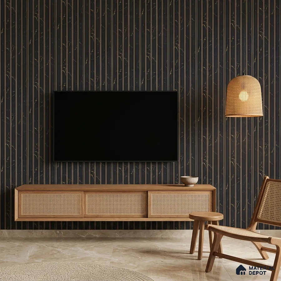 Mid-century modern TV unit with cane-front cabinet, black marble-look fluted wall panels, and beige marble floor tile