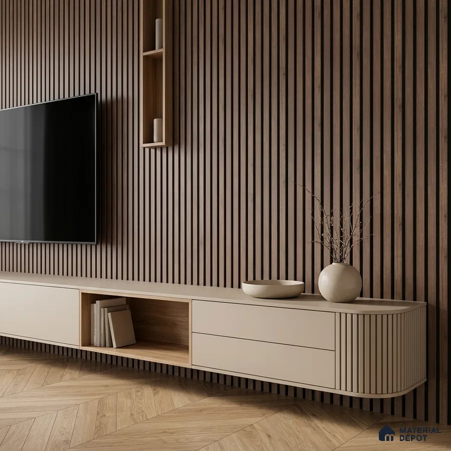 Minimalist TV unit with beige laminate, walnut wood fluted wall panels, and herringbone wooden flooring