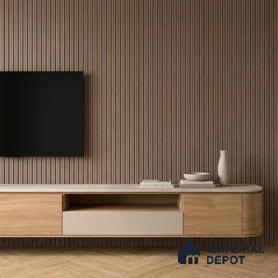 Minimalist TV unit with oak wood laminate, beige solid laminate, and walnut fluted wall panels
