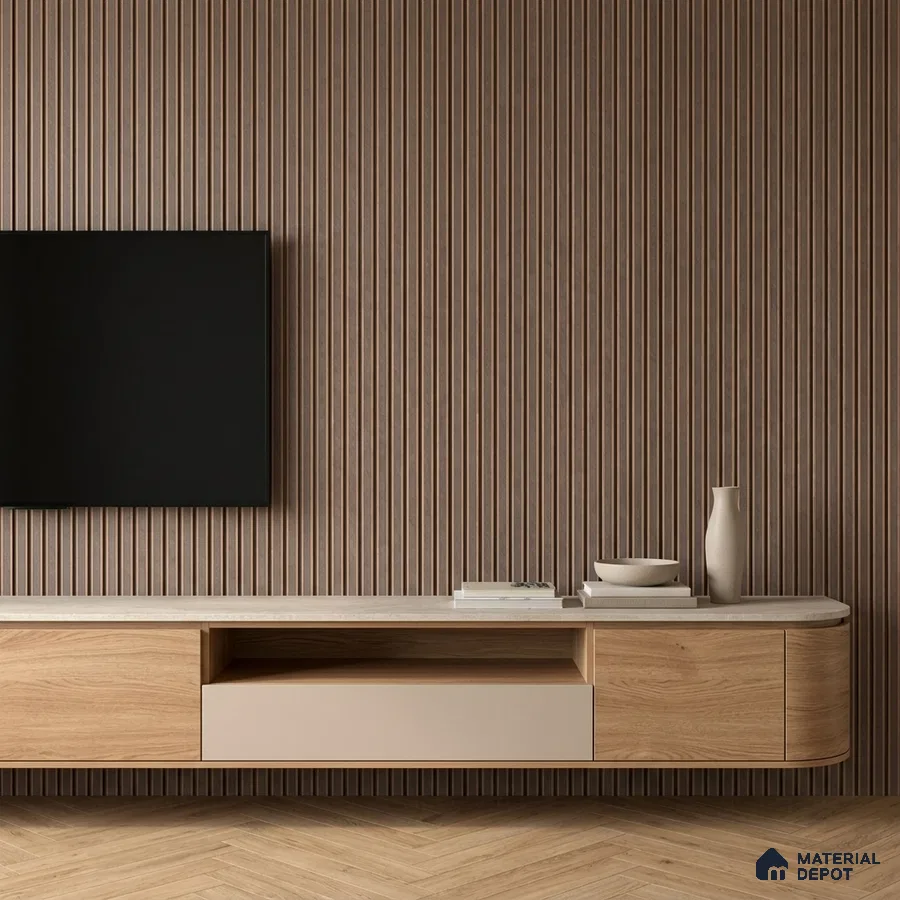 Minimalist TV unit with oak wood laminate, beige solid laminate, and walnut fluted wall panels