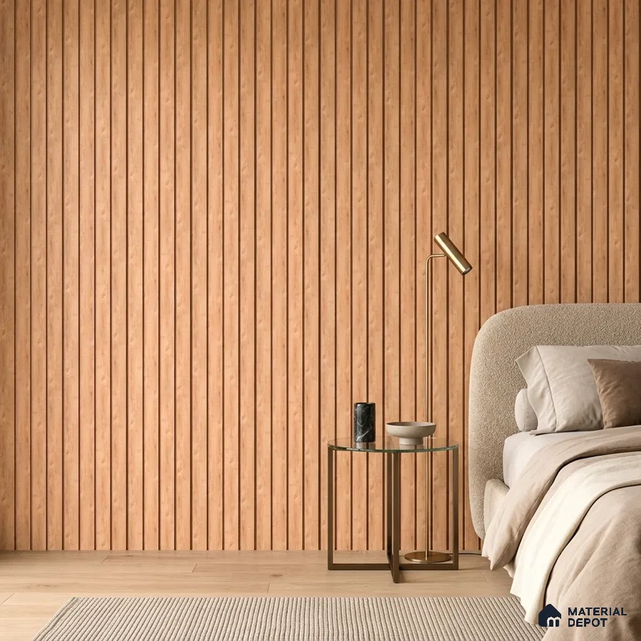 Japandi bedroom with natural wood fluted wall panels and beige upholstered bed