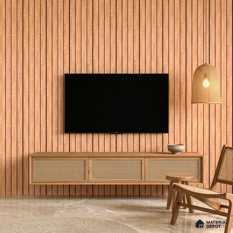 Scandinavian TV unit with natural wood fluted wall panels and cane front cabinet
