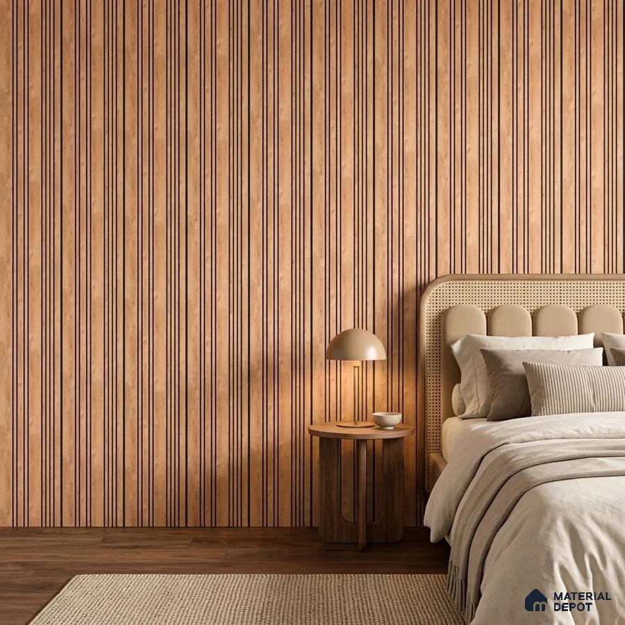Scandinavian bedroom with vertical wood louver wall panels and natural wood flooring