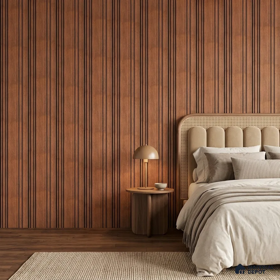 Japandi bedroom with walnut brown fluted wall panels and natural wood flooring