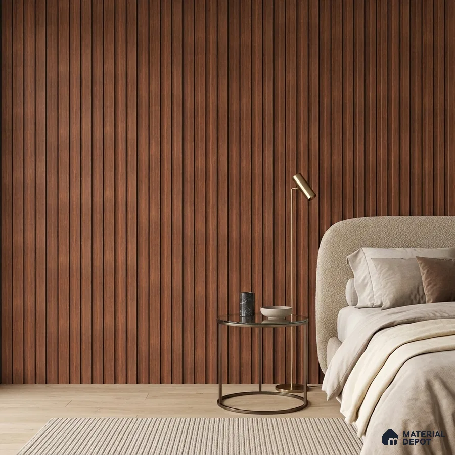 Japandi bedroom with walnut brown fluted wood wall panels and beige boucle upholstered bed