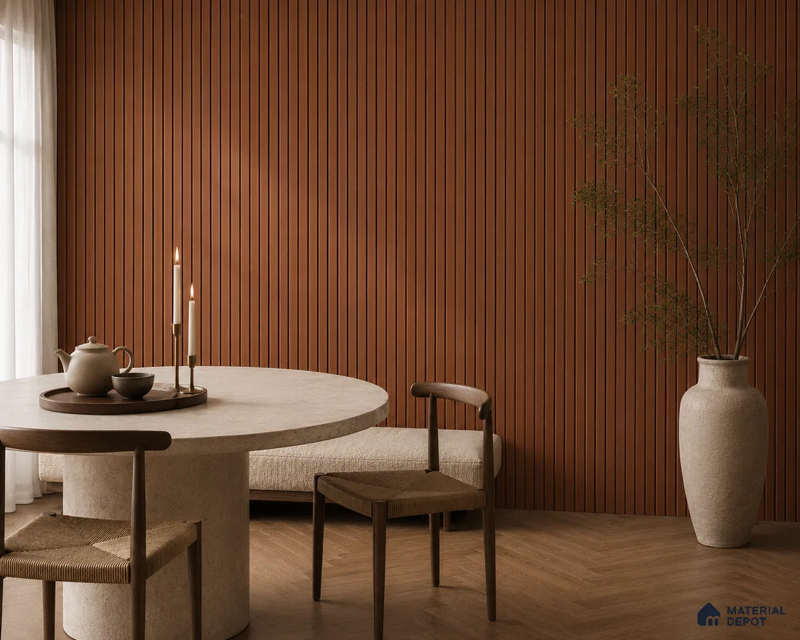 Japandi dining room with terracotta fluted wall panels and beige stone dining table