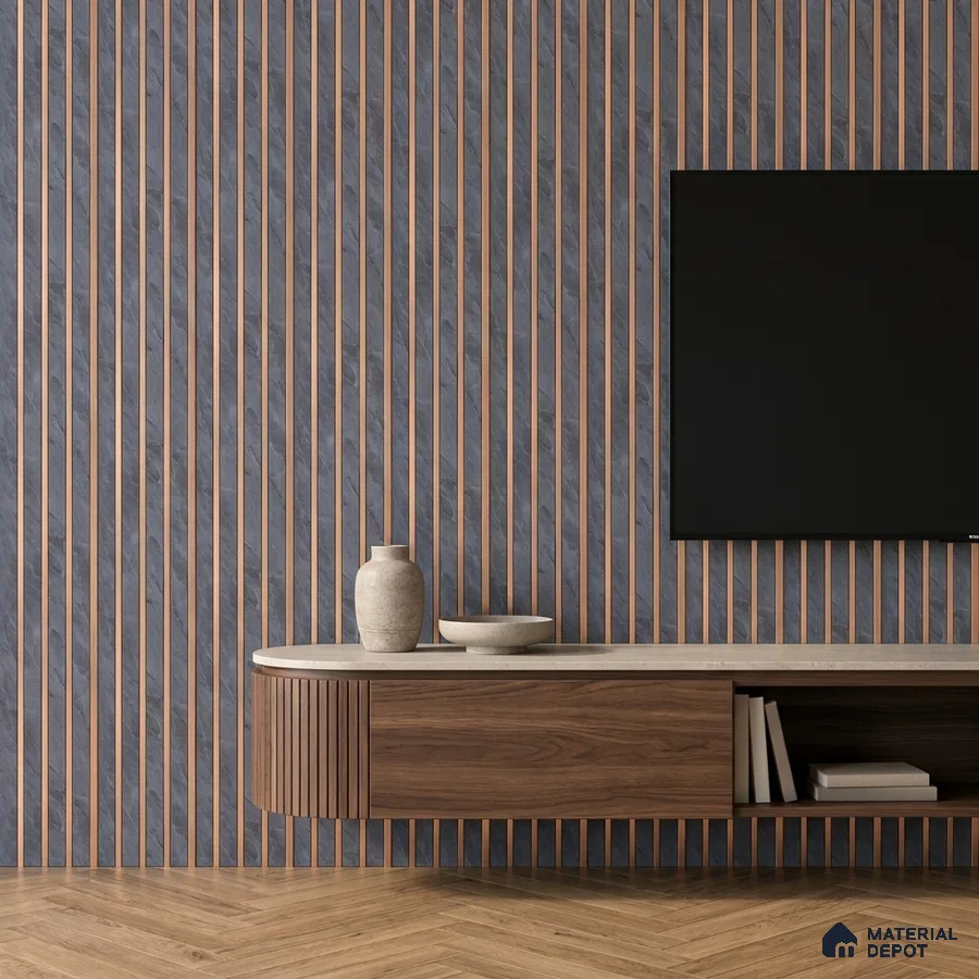 Modern TV unit with walnut wood laminate, grey fluted wall panels, and herringbone wooden flooring