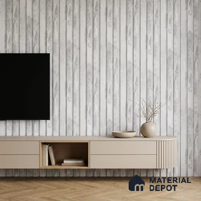 Minimalist TV unit with marble-look fluted wall panels and beige laminate floating cabinet