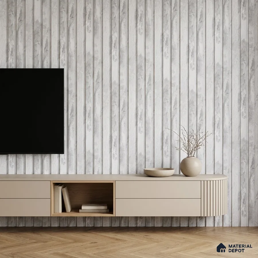 Minimalist TV unit with marble-look fluted wall panels and beige laminate floating cabinet