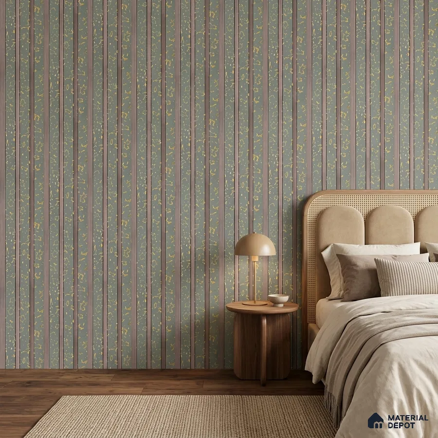 Japandi bedroom with vertical patterned tile, cane headboard, and natural wood flooring