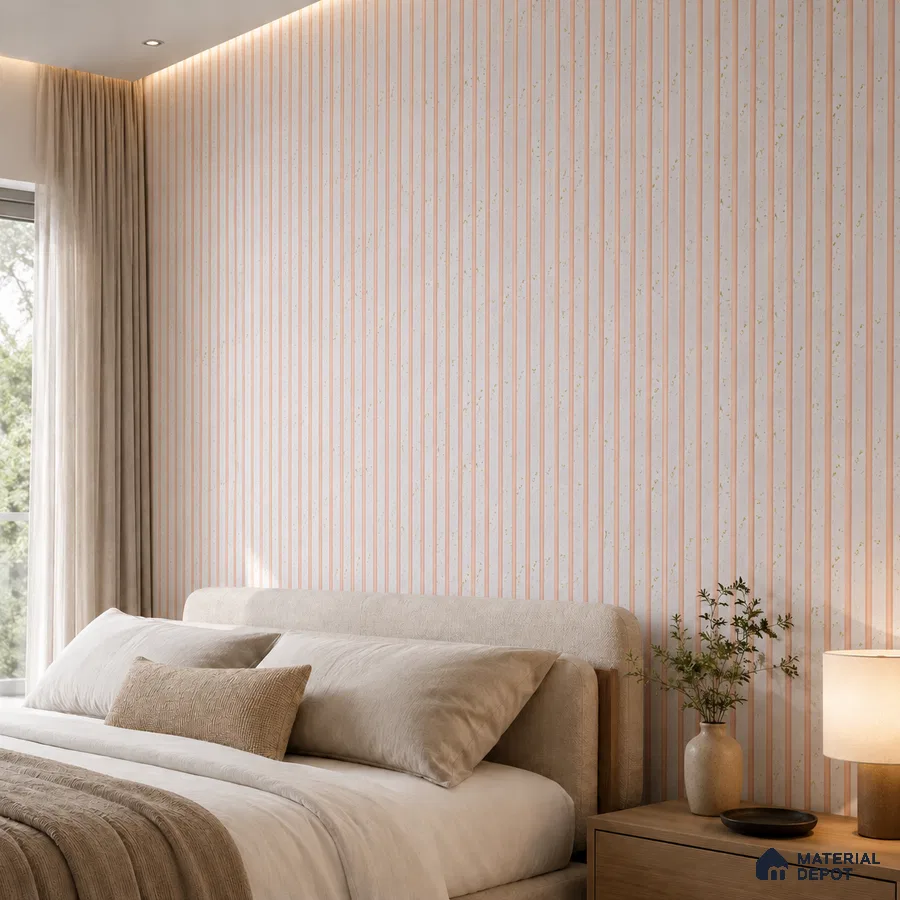 Minimalist bedroom with beige striped tile and neutral fabric upholstery