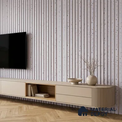 Minimalist TV unit with beige laminate, terrazzo fluted wall panels, and light oak herringbone flooring