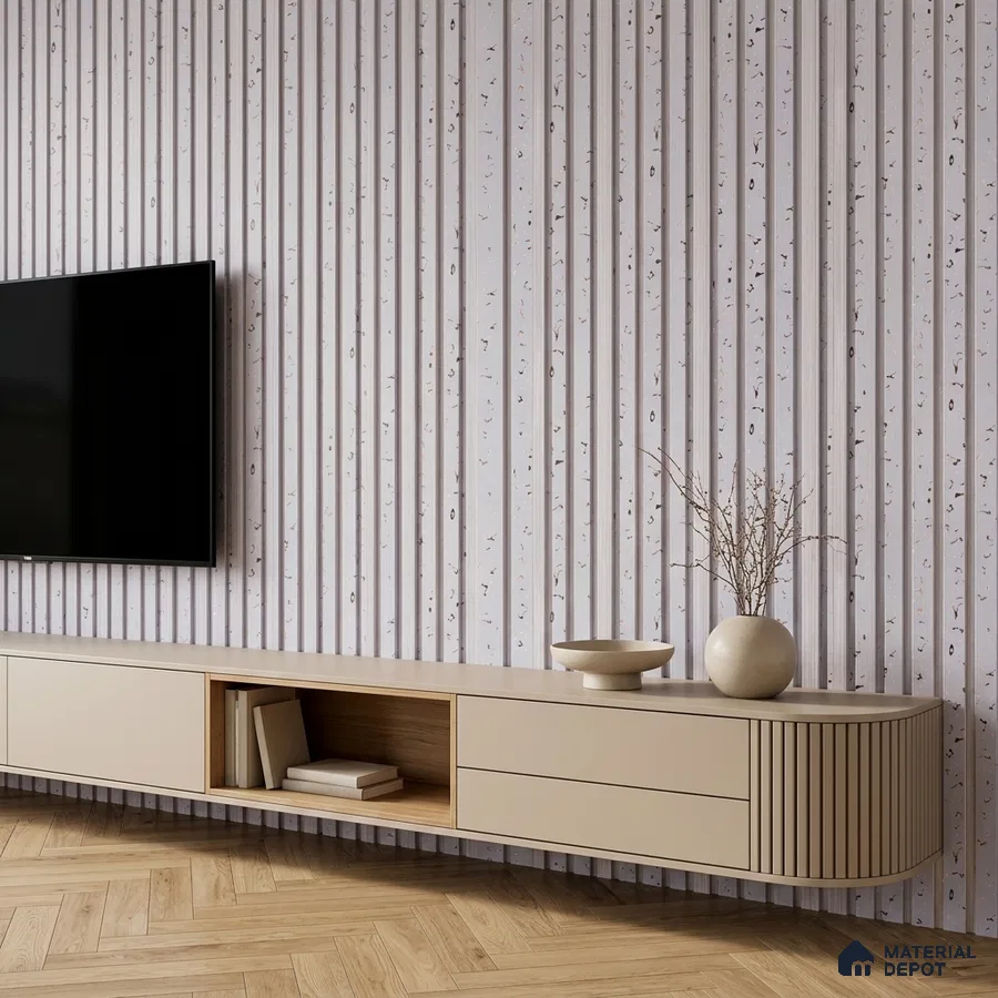 Minimalist TV unit with beige laminate, terrazzo fluted wall panels, and light oak herringbone flooring