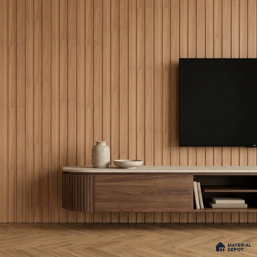 Scandinavian TV unit with oak wood fluted wall panels and walnut laminate floating cabinet