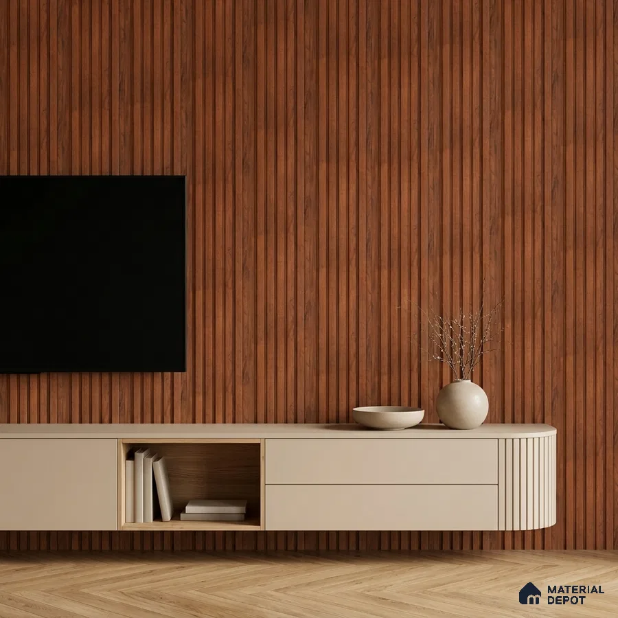 Minimalist TV unit with walnut brown fluted wall panels and beige matte laminate floating cabinet