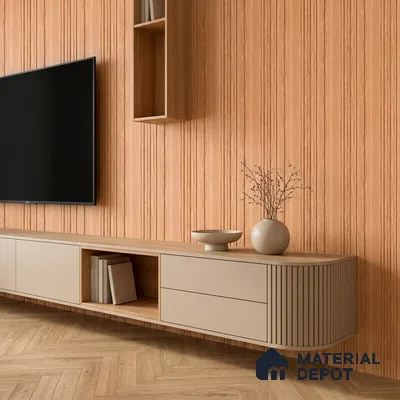 Scandinavian TV unit with light oak fluted wall panels and beige matte laminate cabinet