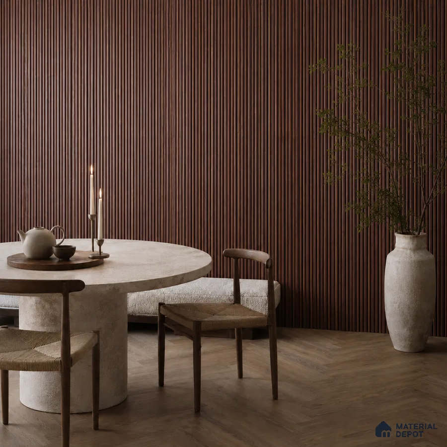 Japandi dining room with dark walnut fluted wall panels and travertine stone dining table