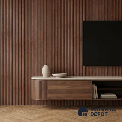 Minimalist TV unit with walnut wood fluted wall panels and herringbone wooden flooring