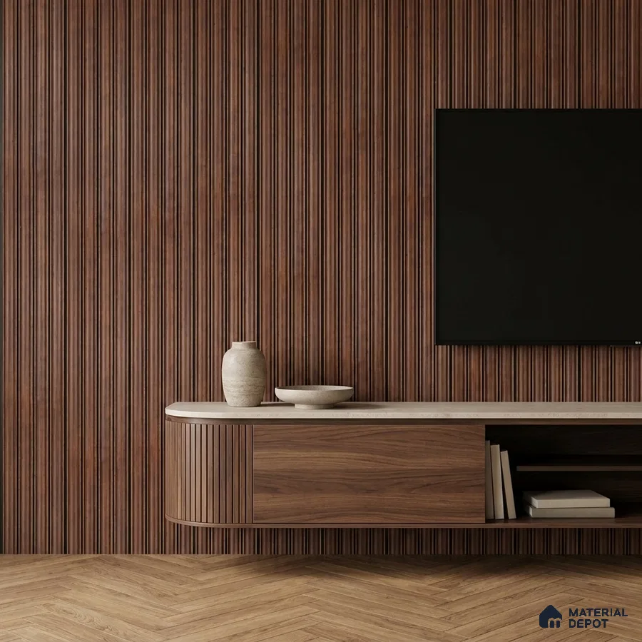 Minimalist TV unit with walnut wood fluted wall panels and herringbone wooden flooring