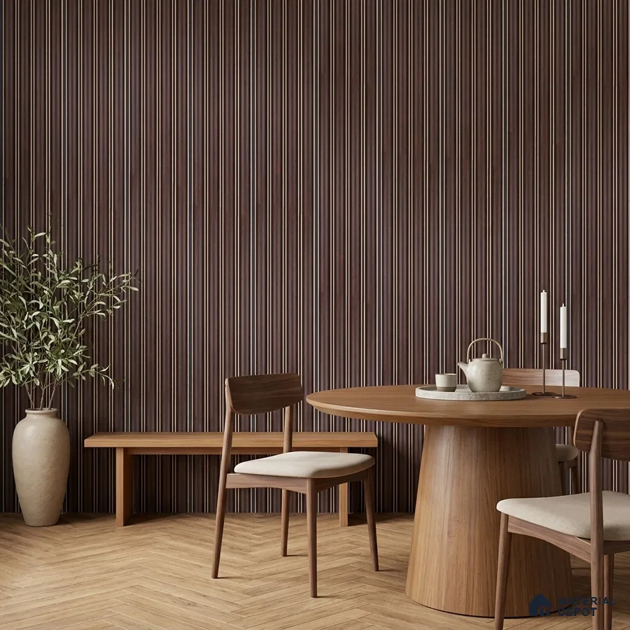 Japandi dining room with walnut fluted wall panels and light oak herringbone wooden flooring