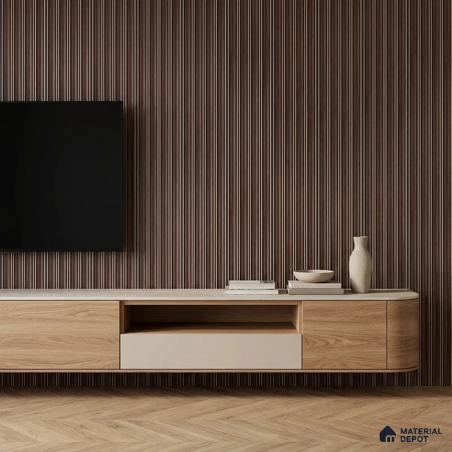 Minimalist TV unit with walnut brown fluted wall panels and light oak laminate cabinet