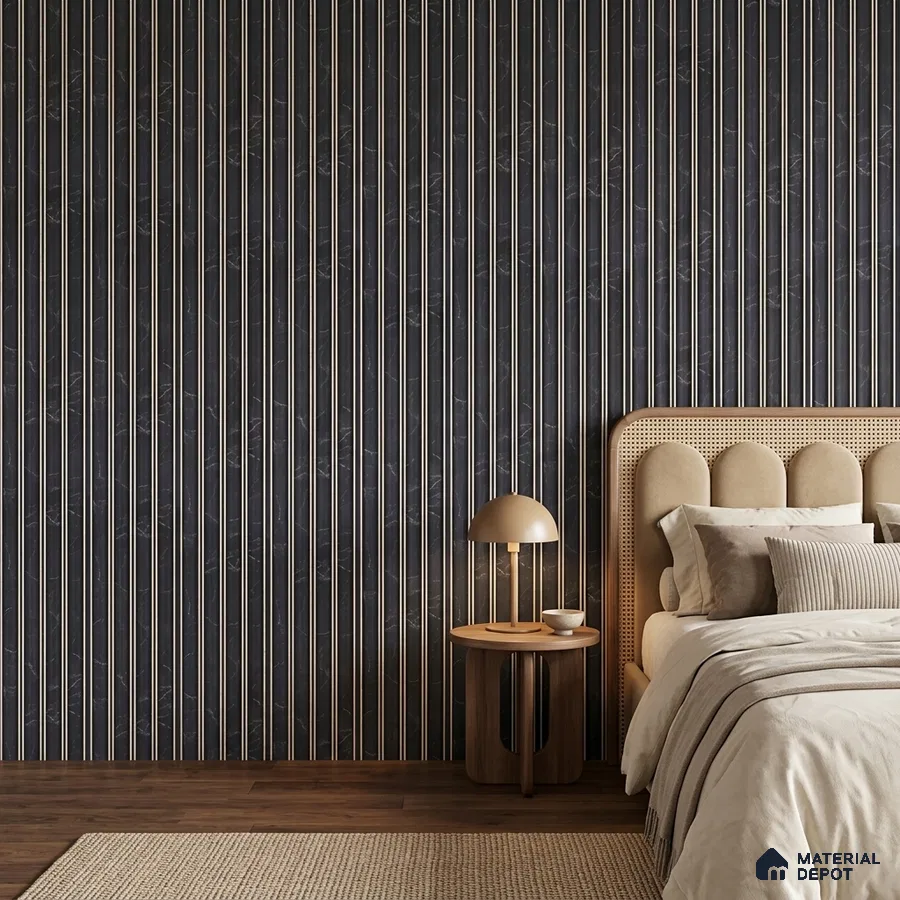 Japandi bedroom with black marble fluted wall panels and natural wood flooring