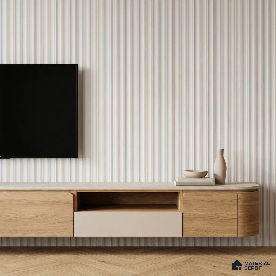 Scandinavian TV unit with light oak laminate, beige solid laminate, and fluted wall panels