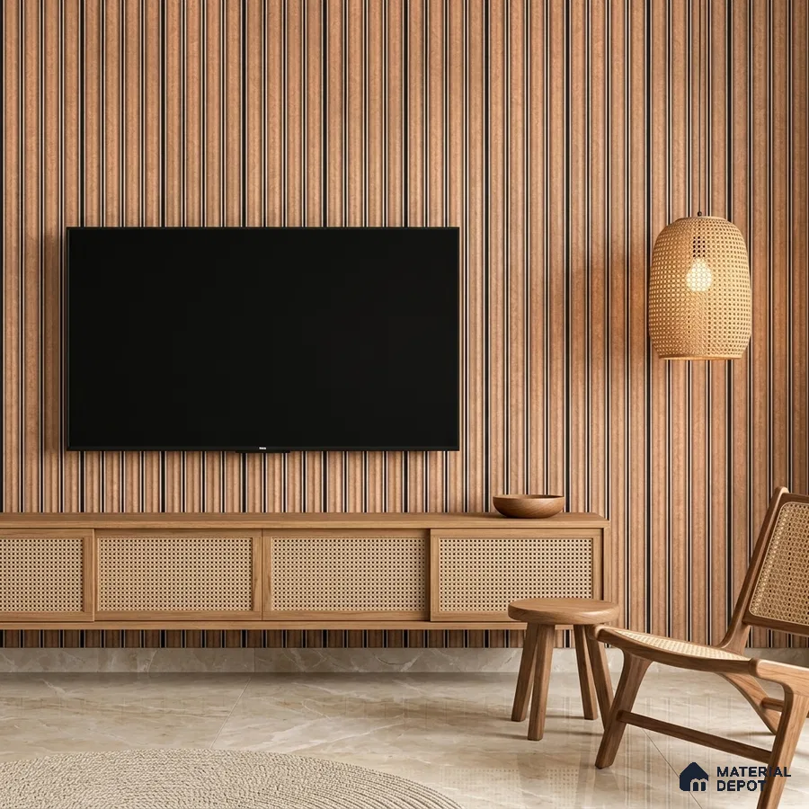 Scandinavian living room with oak wood fluted wall panels and cane TV unit