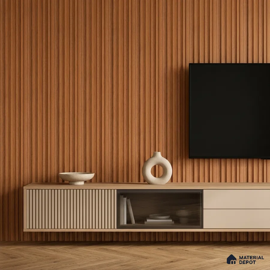 Minimalist TV unit with fluted walnut wood wall panels and beige laminate cabinet