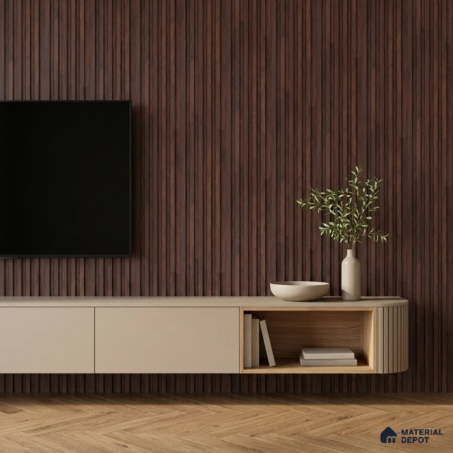 Minimalist TV unit with walnut brown fluted wall panels and beige matte laminate cabinet