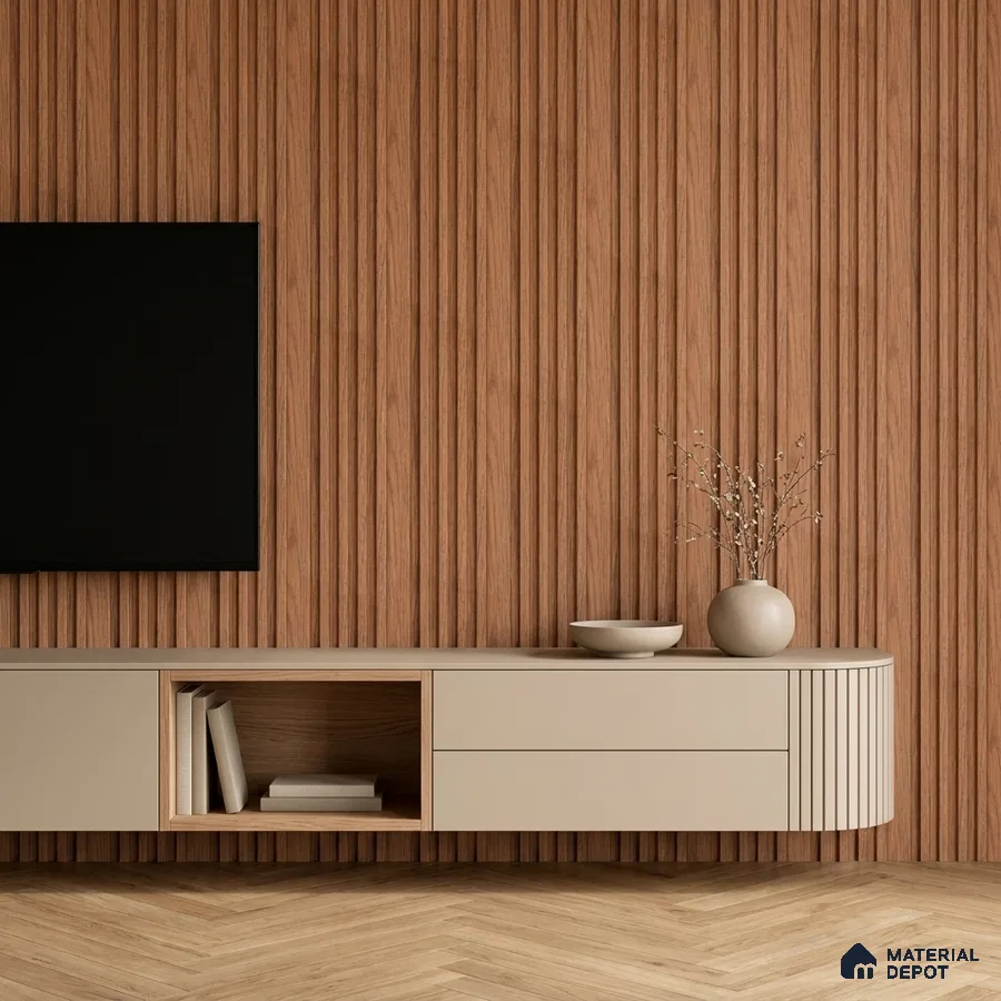 Minimalist TV unit with walnut wood fluted wall panels and beige matte laminate cabinet