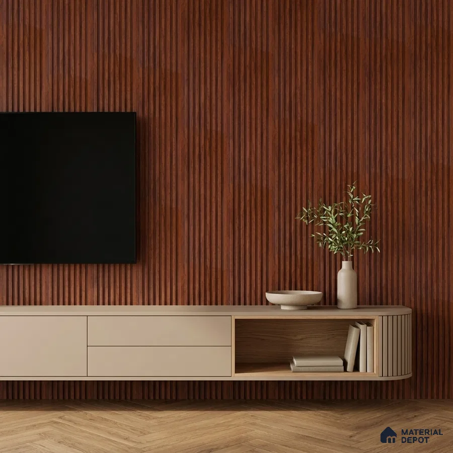 Modern TV unit with walnut brown fluted wall panels and beige laminate floating cabinet