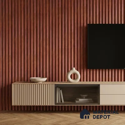 Modern TV unit with walnut brown fluted wall panels and beige matte laminate cabinet