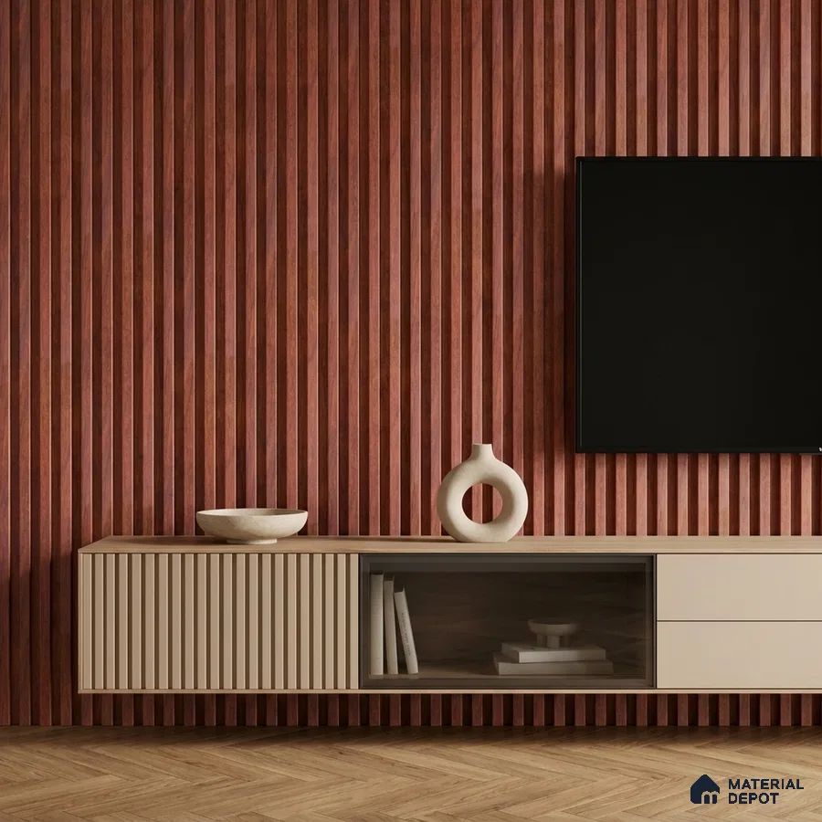 Modern TV unit with walnut brown fluted wall panels and beige matte laminate cabinet
