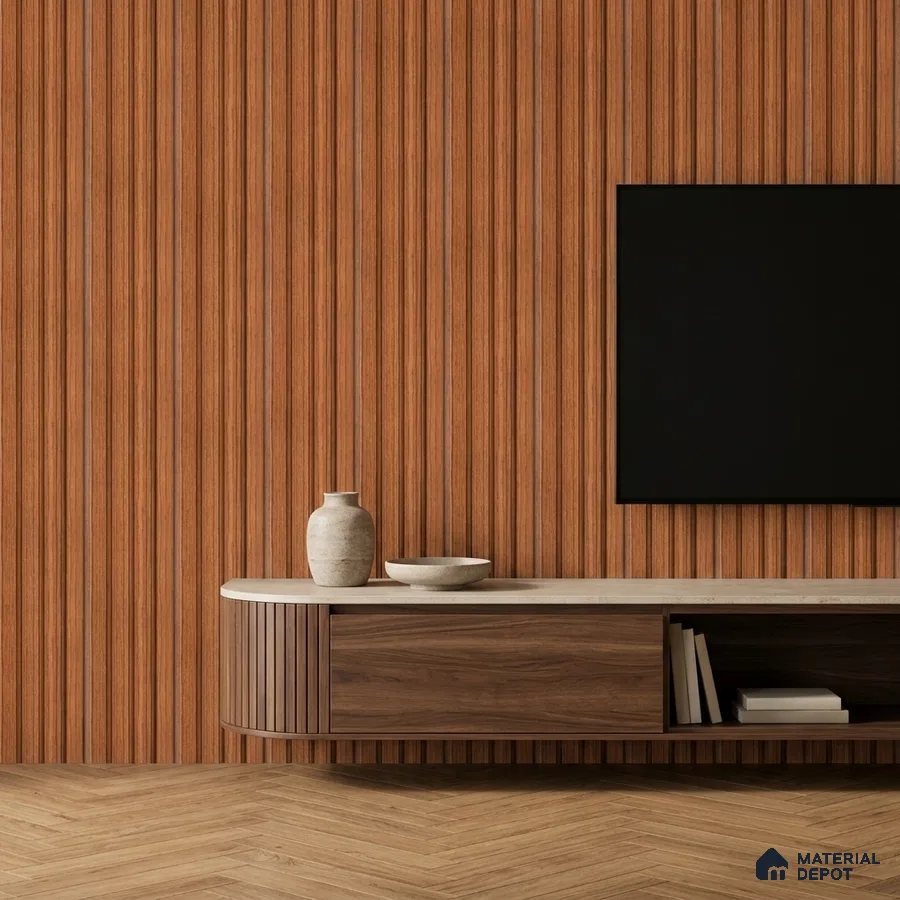Minimalist TV unit with walnut wood laminate, fluted wall panels, and herringbone wooden flooring