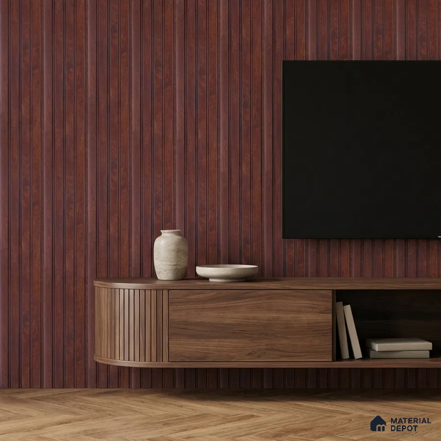Mid-century modern TV unit with walnut wood laminate and fluted wall panels